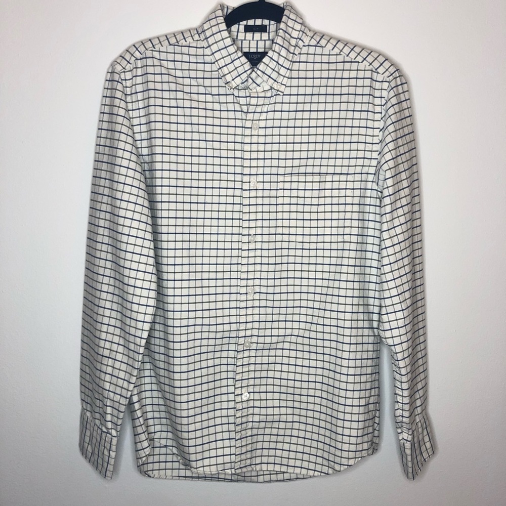 J. Crew Oxford Slim Fit Medium Men’s Button Down White Blue Green Tattersall